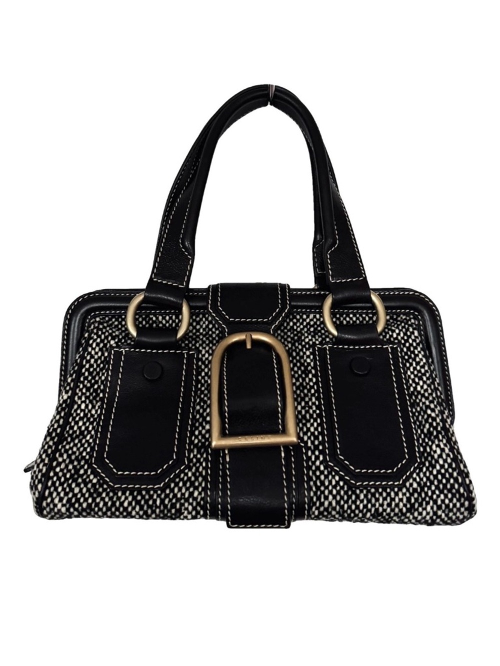 Celine AUTHENTIC Vintage Ella Frame Tweed Black & White Doctor Bag RARE FIND